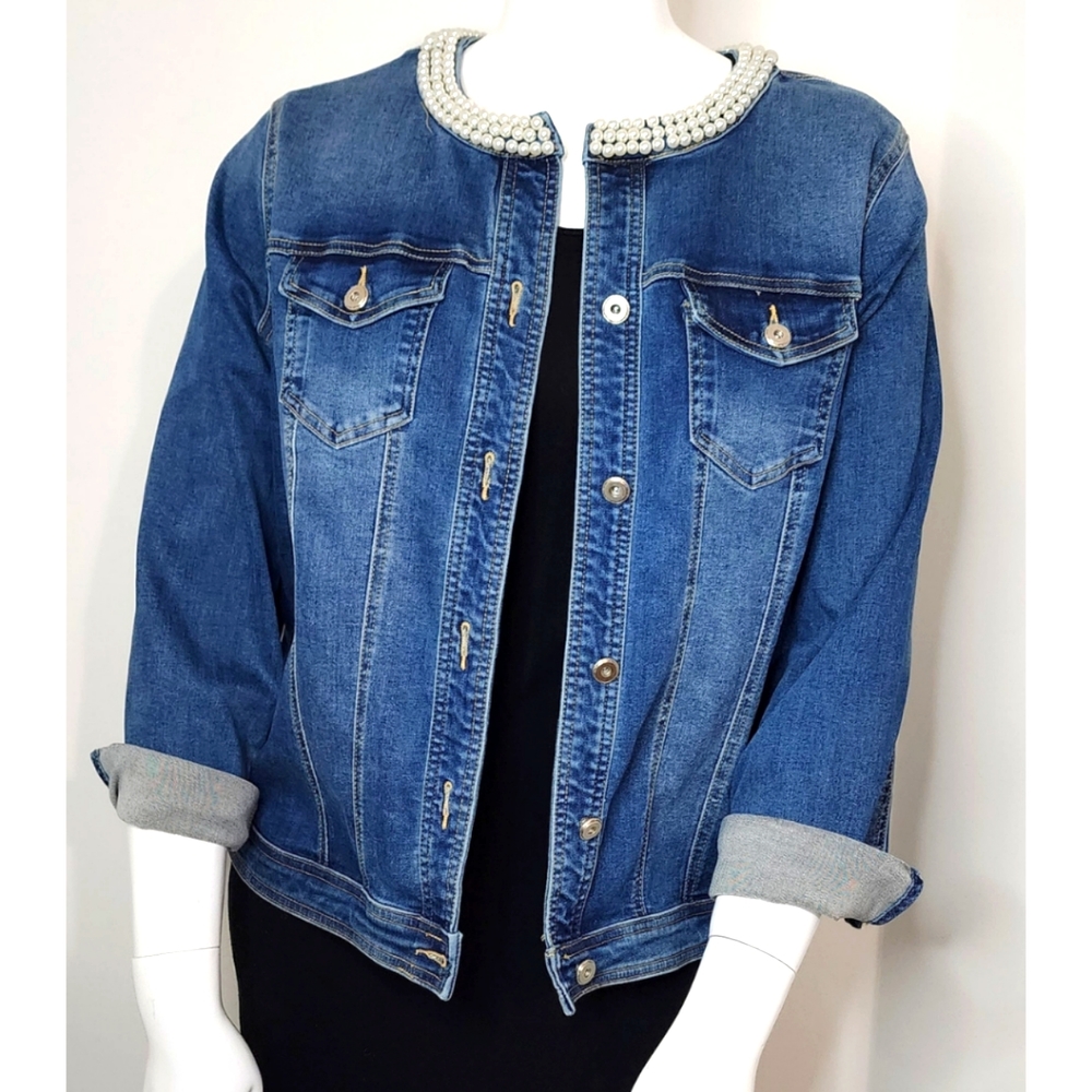 Women's Blue Jean Jacket with Embellished Collar